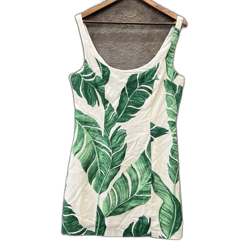🌿 H&M Tropical Palm Leaf Print Sleeveless Dress M Tank Lined 100% Cotton Island